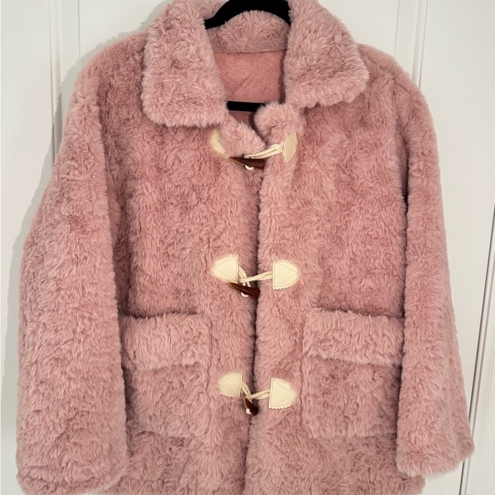 Pink Faux Fur Duffle Coat Teddy Jacket Size M Cute Soft Girl Korean Style